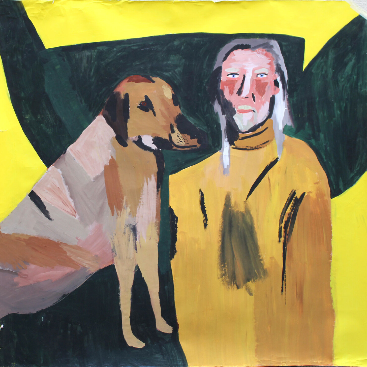«Hund und Mann in Gelb», 2012, Gouache auf Papier, 140cm x 150cm